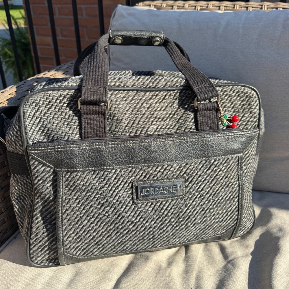 Vintage Jordache Grey Herringbone Carry On Travel Bag Duffle with Shoulder Strap